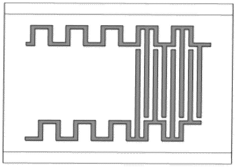 Patent drawing of the thin-film capacitive strain sensor, showing a serpentine sensing trace with an interdigitated section.
